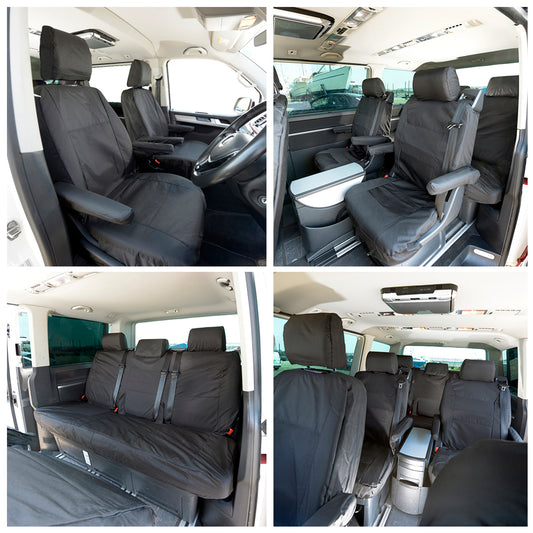 VW T6 Caravelle (2015 Onwards) Full Set Tailored Seat Covers (7 Seater WITH Front Armrests) - Black