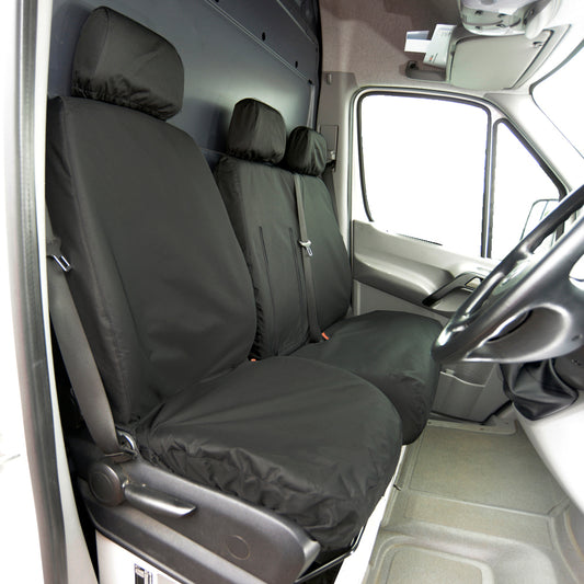 Mercedes Sprinter (2006-2018) Tailored Front & Rear Seat Covers (NO split on front passenger seat WITH pull down tray) - Black