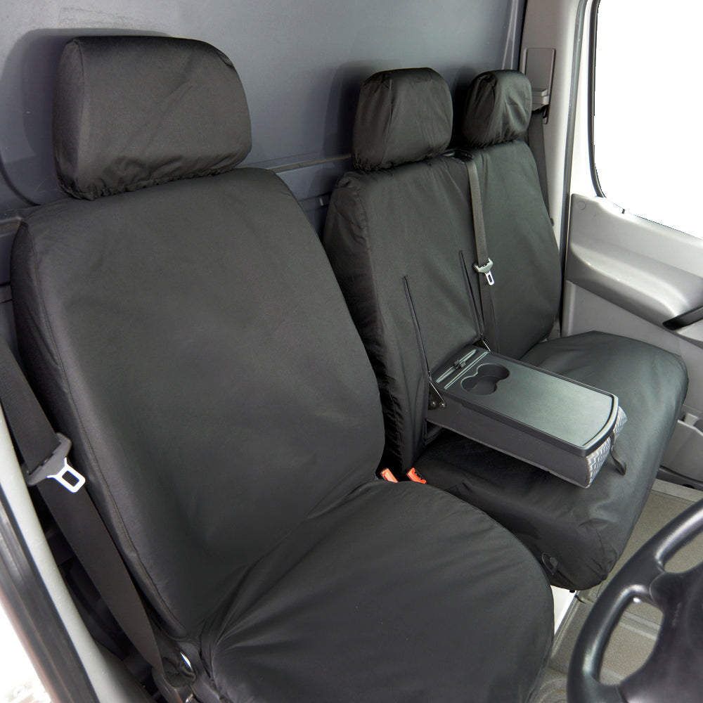 Mercedes Sprinter (2006-2018) Tailored Front & Rear Seat Covers (NO split on front passenger seat WITH pull down tray) - Black
