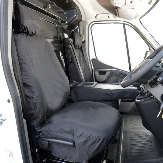 Renault Master (2010 Onwards) Tailored Front & Rear Seat Covers (NO Split passenger seat base WITH folding middle seat) - Black