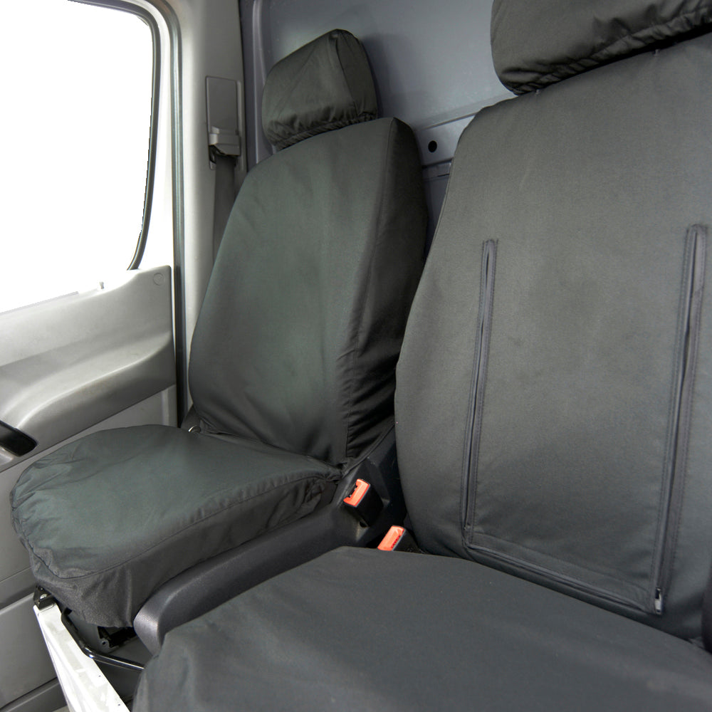 Mercedes Sprinter (2006-2018) Tailored Front & Rear Seat Covers (NO split on front passenger seat WITH pull down tray) - Black